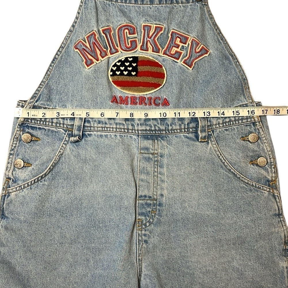 Vintage 90’s Disney Americana Mickey Mouse Flag Denim Jumper Shortalls Medium - Picture 8 of 9